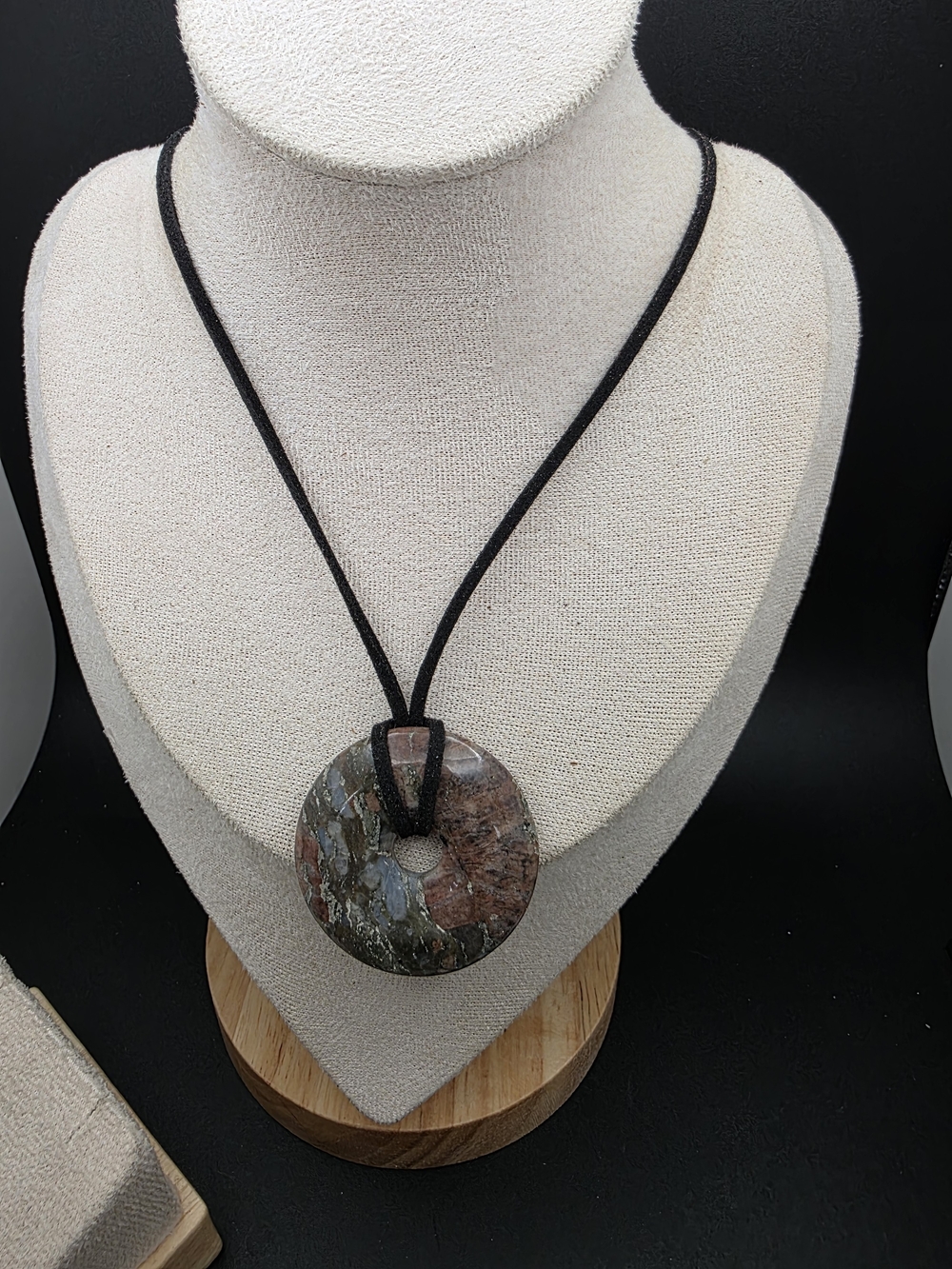 Brown & Green Jasper Donut Pendant Necklace with Black Cord (2449)